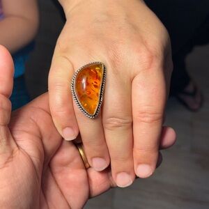 Handmade Resin Statement Ring – Size 8 – Brass Setting – Amber Style Teardrop